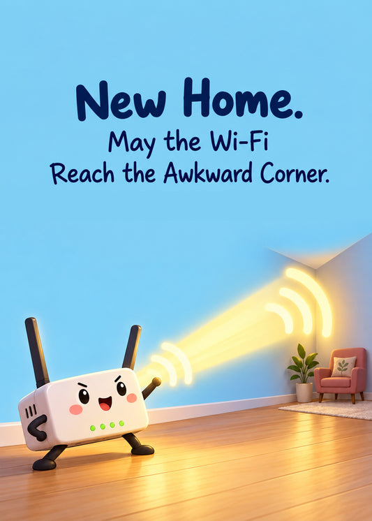 Funny new home card showing a determined cartoon router beaming a signal towards a far-off armchair in an empty, by Gigglz