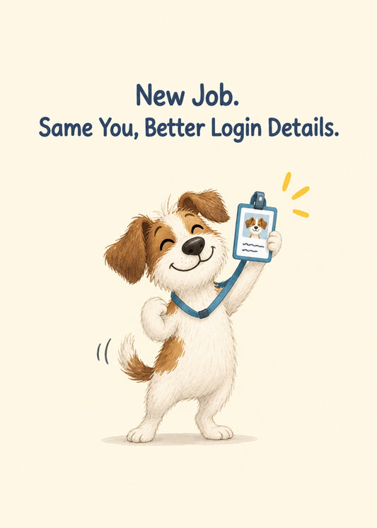 Funny leaving card showing a happy cartoon dog proudly showing off its new staff lanyard and ID badge on a cream, by Gigglz
