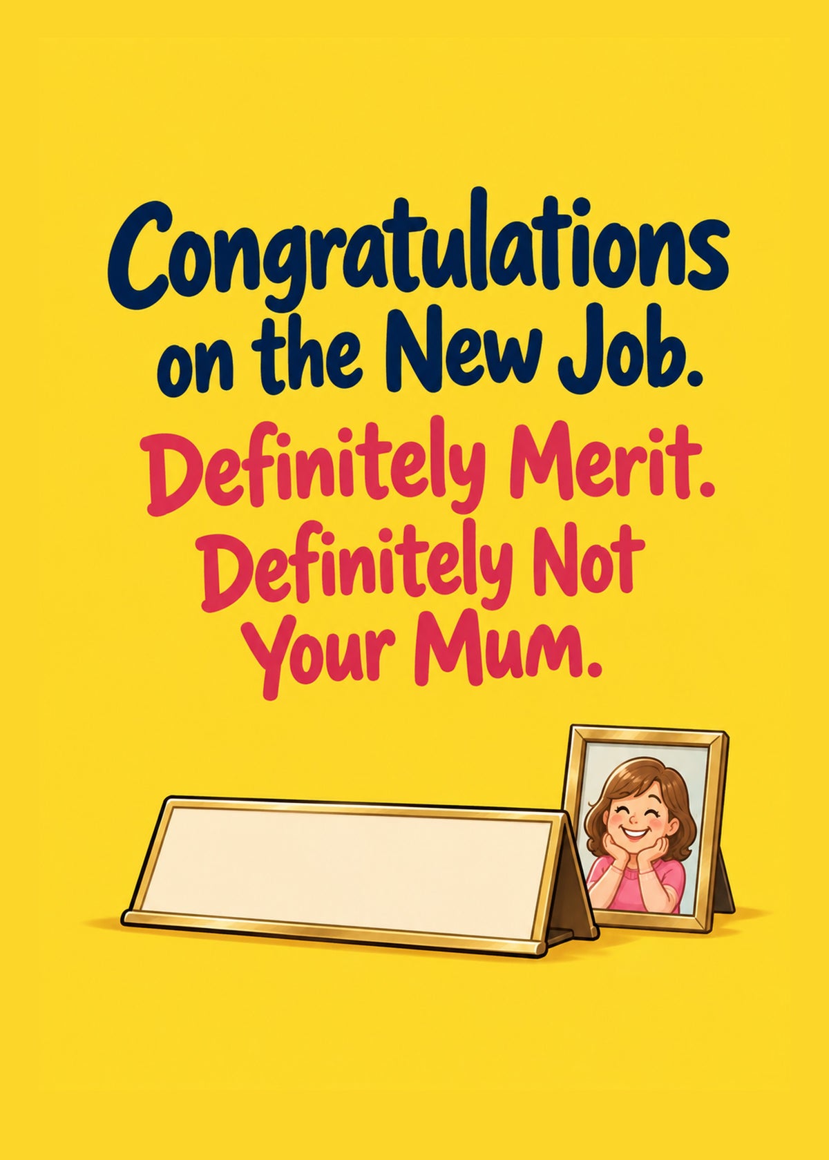 Funny leaving card showing bold navy and pink lettering above a blank desk nameplate beside a framed photo, by Gigglz