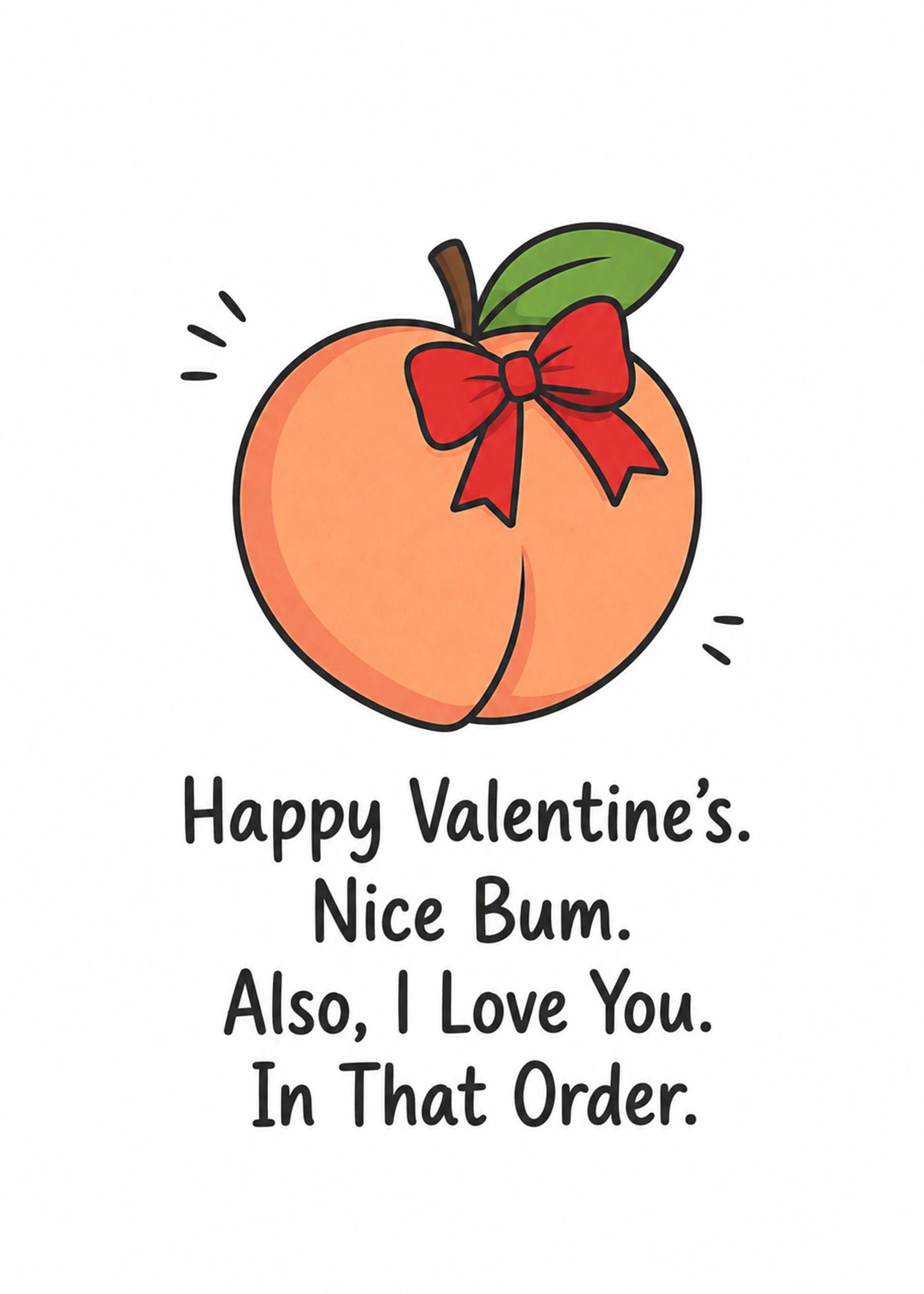 Funny Valentine's card showing a cheeky peach with a red bow, with Nice Bum text, by Gigglz