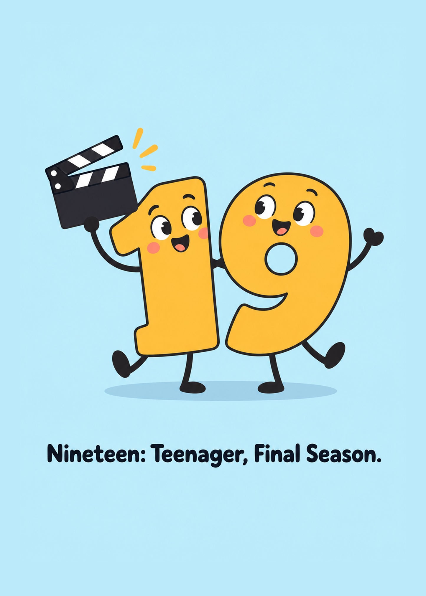 Funny birthday card showing 1 and 9 number characters with a clapperboard, with Teenager text, by Gigglz