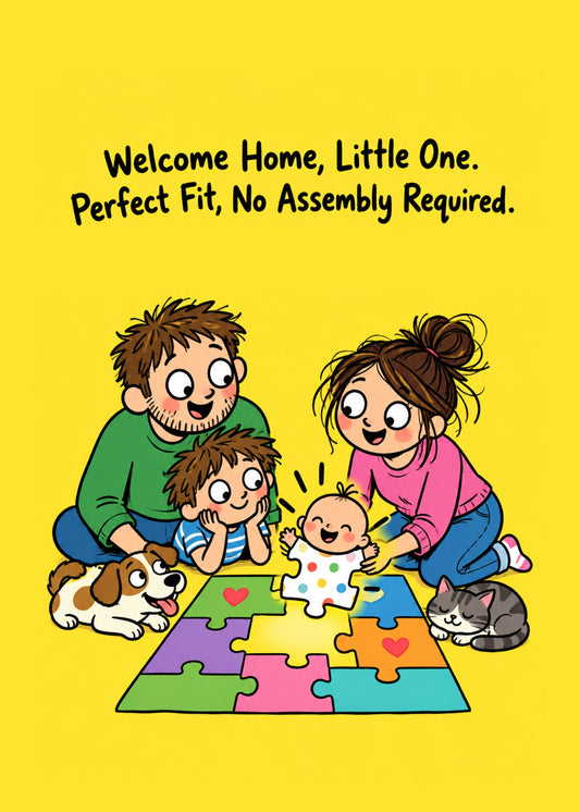 Cute new baby card showing a delighted family with a dog and cat gathered around a baby sitting on a floor puzzle, by Gigglz