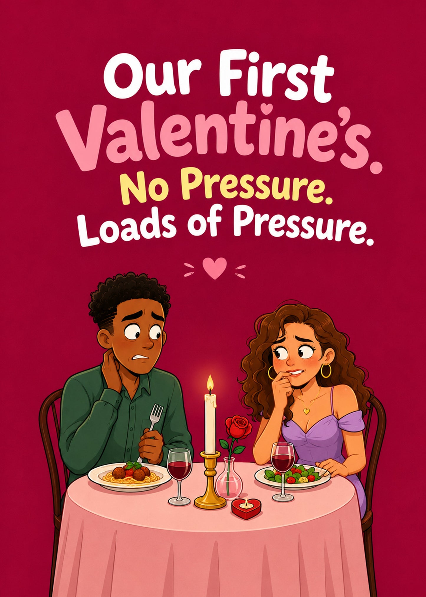 Funny Valentine's card showing a nervous couple on an awkward first candle-lit dinner date, by Gigglz