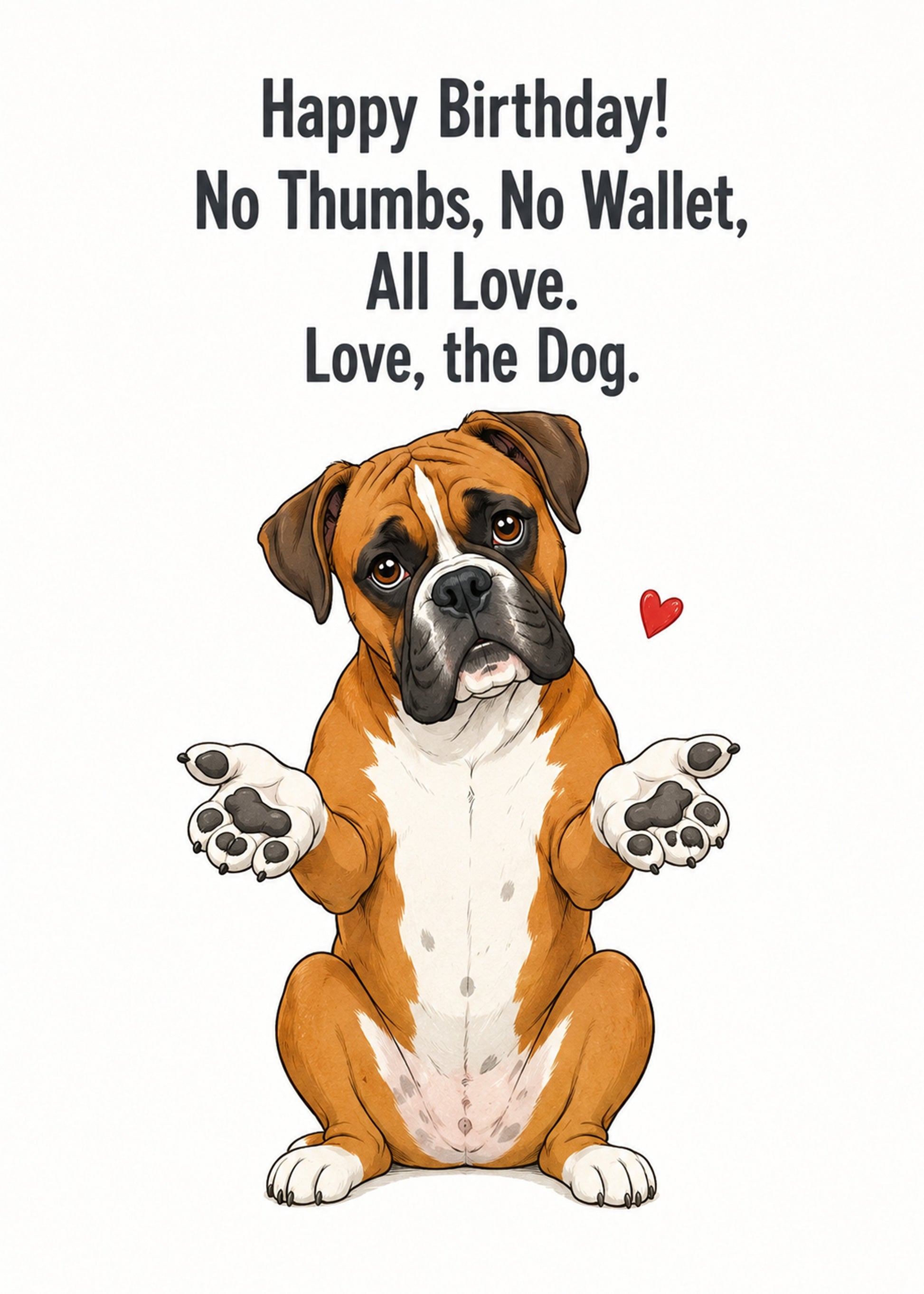 Funny birthday card showing a soulful Boxer dog holding its paws out, with No Thumbs text, by Gigglz