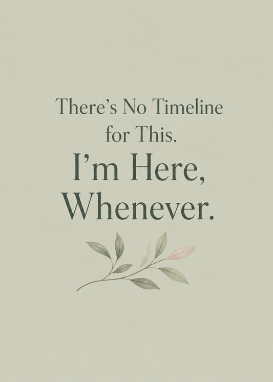 Heartfelt thinking of you card showing a delicate sprig of leaves on soft grey, with I'm Here text, by Gigglz