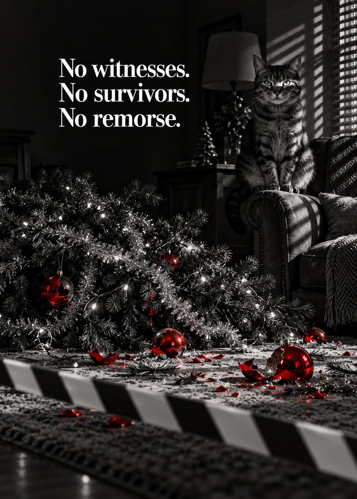 Funny Christmas card showing a black-and-white film-noir photo of a cat on an armchair surveying a toppled, by Gigglz