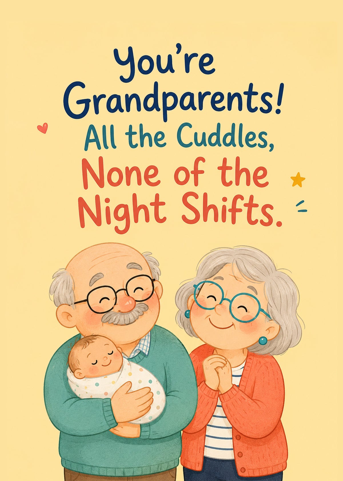 Cute new baby card showing grandparents cradling a newborn, with All the Cuddles text, by Gigglz