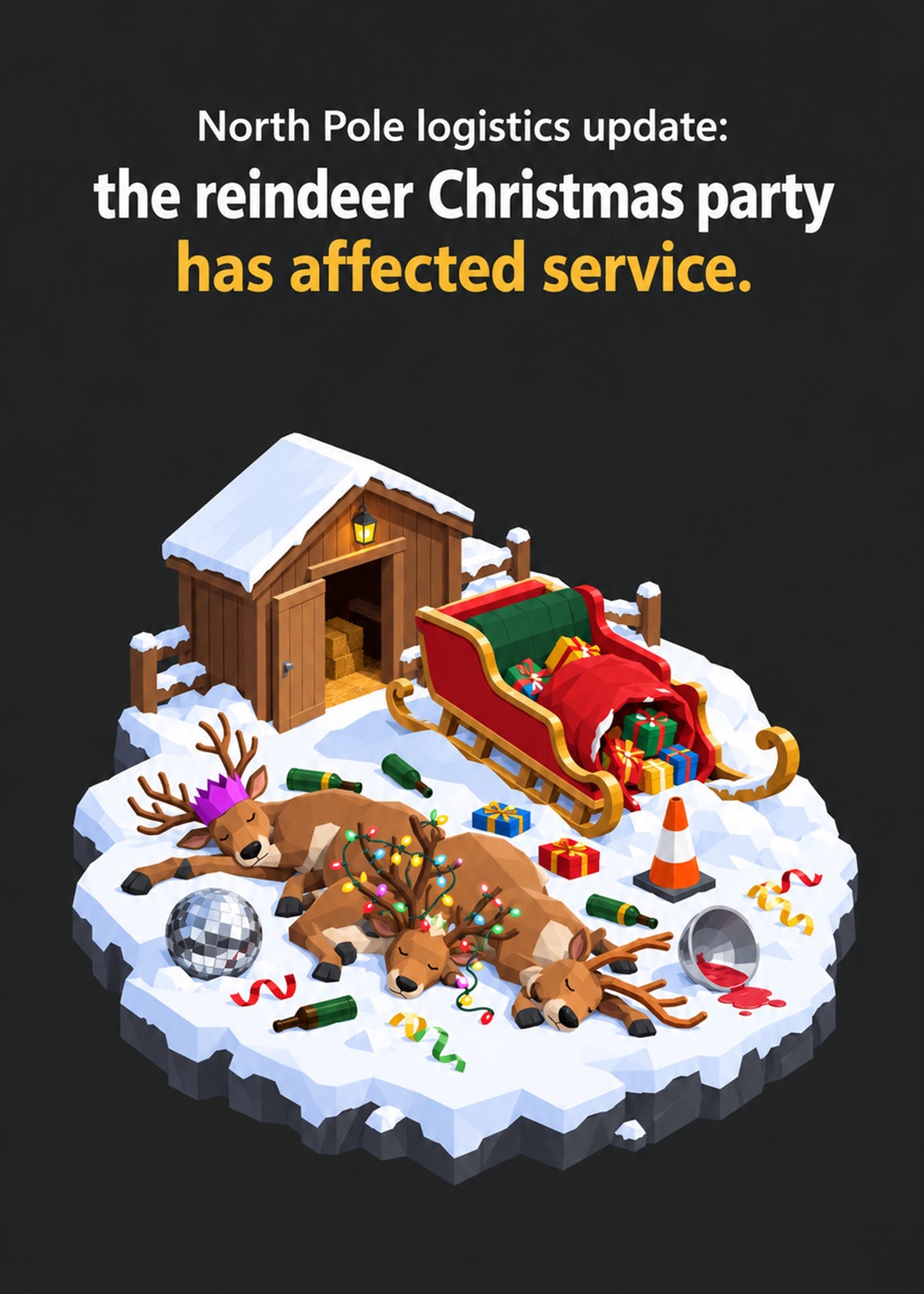 Funny Christmas card showing an isometric snowy North Pole scene of reindeer passed out among bottles, a glitter, by Gigglz