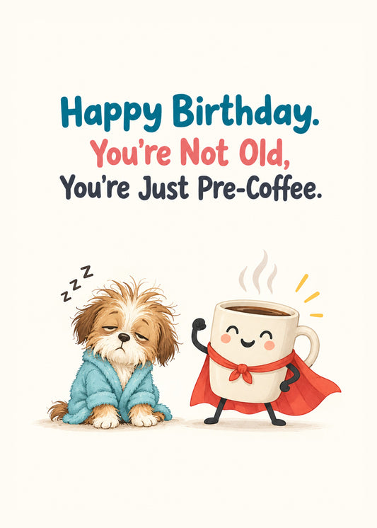 Funny birthday card showing a sleepy shaggy dog in a dressing gown beside a caped superhero coffee mug on a cream, by Gigglz