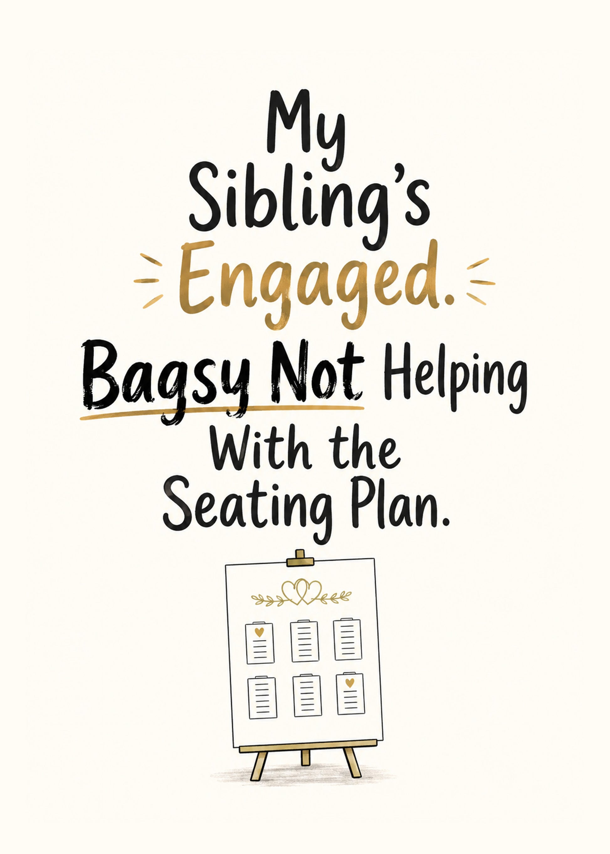 Funny engagement card showing bold type with a wedding seating-plan easel, by Gigglz