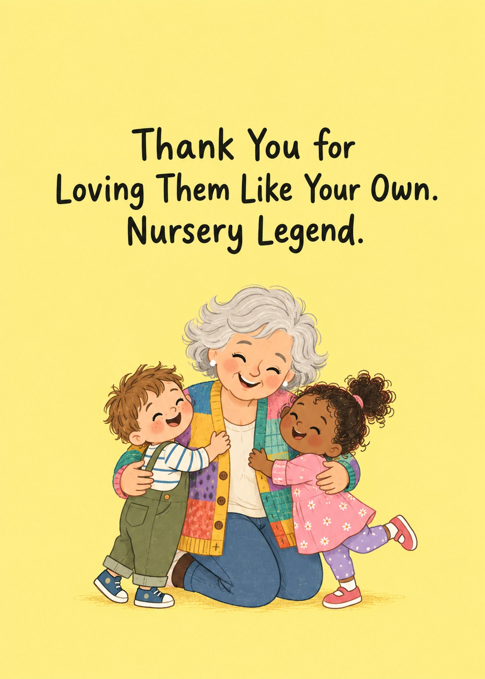 Heartfelt thank you card showing a kind nursery worker hugged by two small children, with Nursery Legend text, by Gigglz