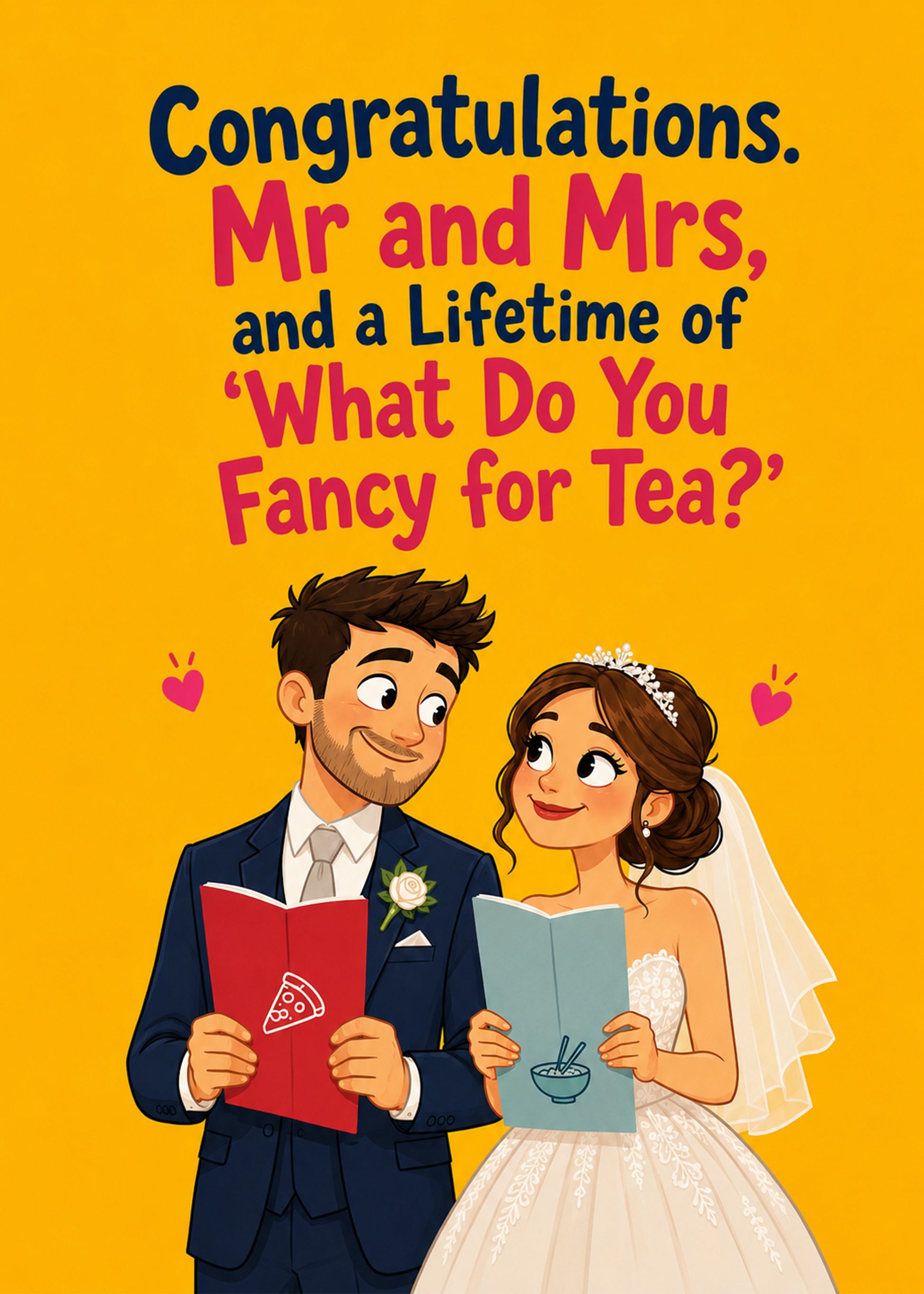 Funny wedding card showing a smiling newlywed couple holding takeaway menus in wedding attire, by Gigglz
