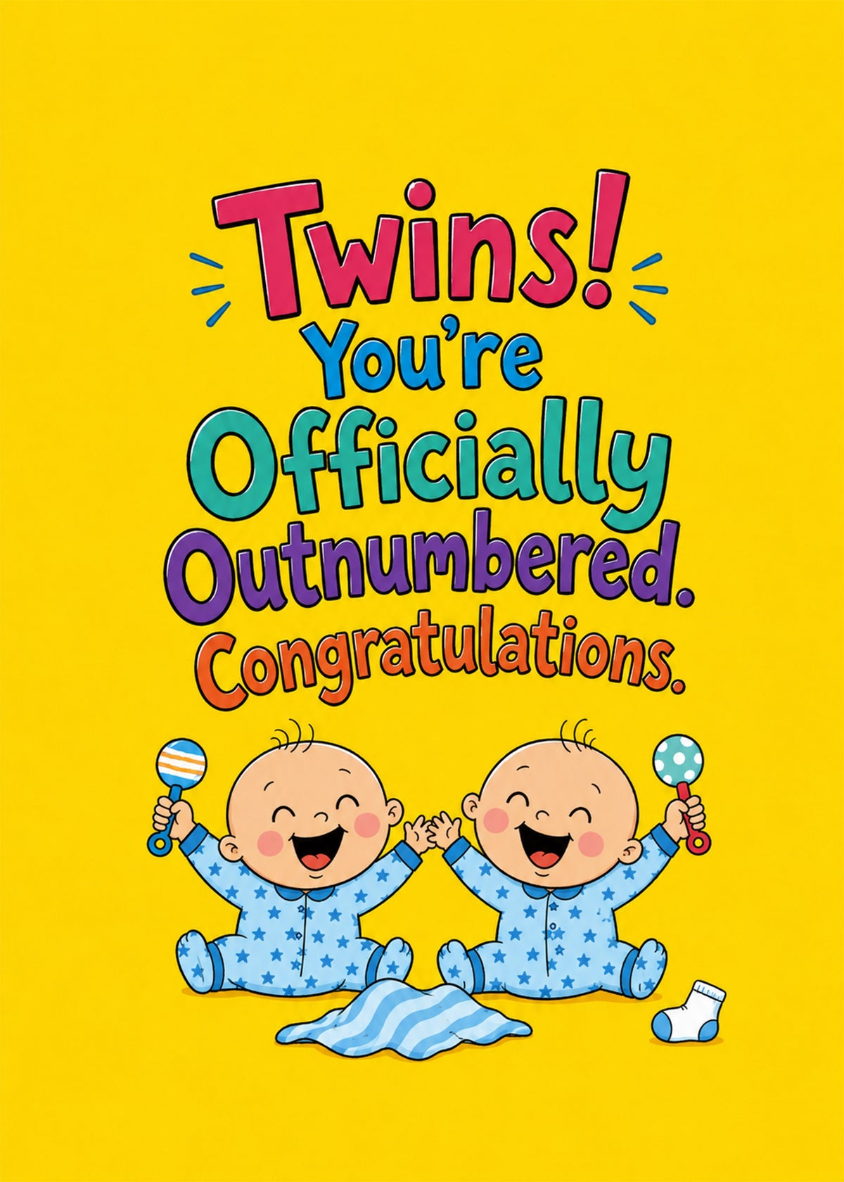 Funny new baby card showing two giggling babies with rattles, with Officially Outnumbered text, by Gigglz