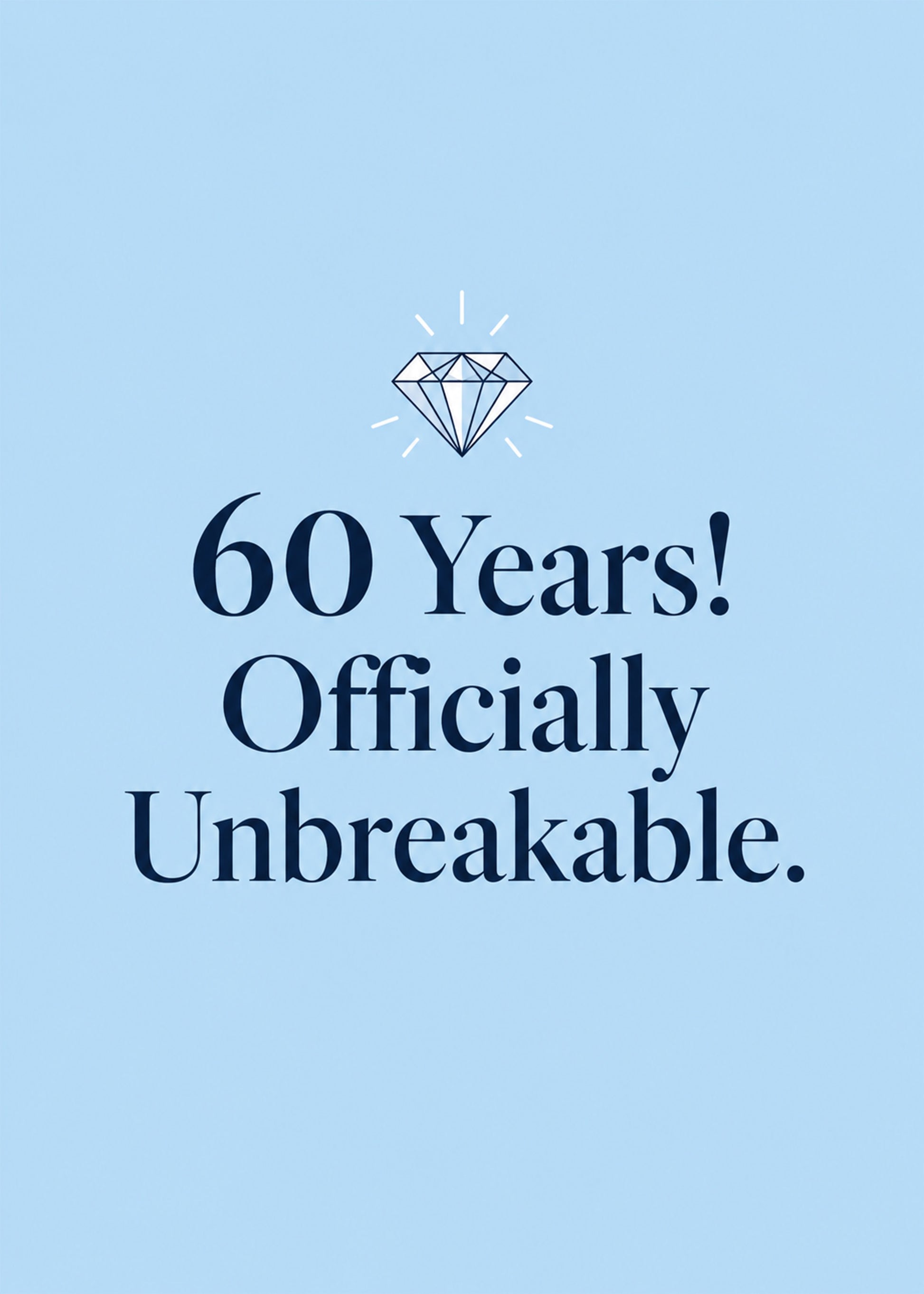 Heartfelt anniversary card showing a sparkling diamond on pale blue, with Officially Unbreakable text, by Gigglz