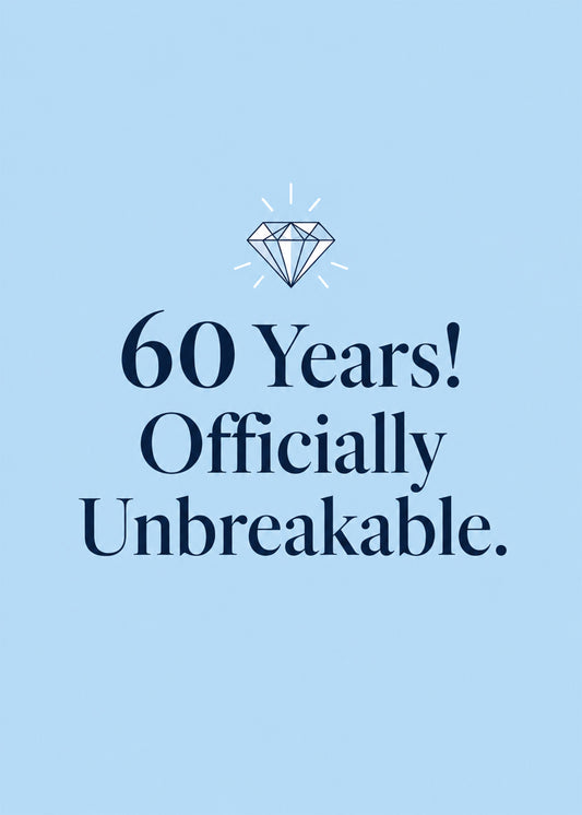 Heartfelt anniversary card showing a sparkling diamond on pale blue, with Officially Unbreakable text, by Gigglz