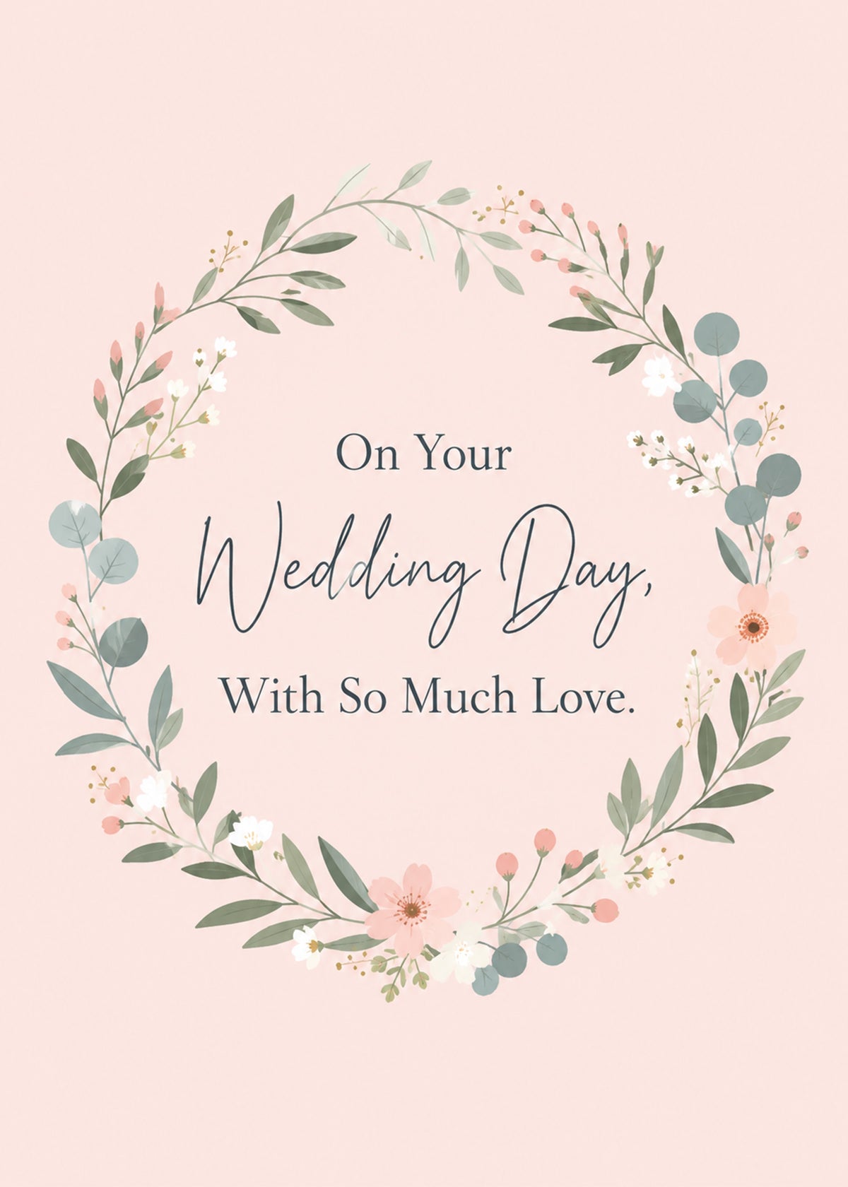 Heartfelt wedding card showing a delicate floral wreath on blush, with On Your Wedding Day text, by Gigglz