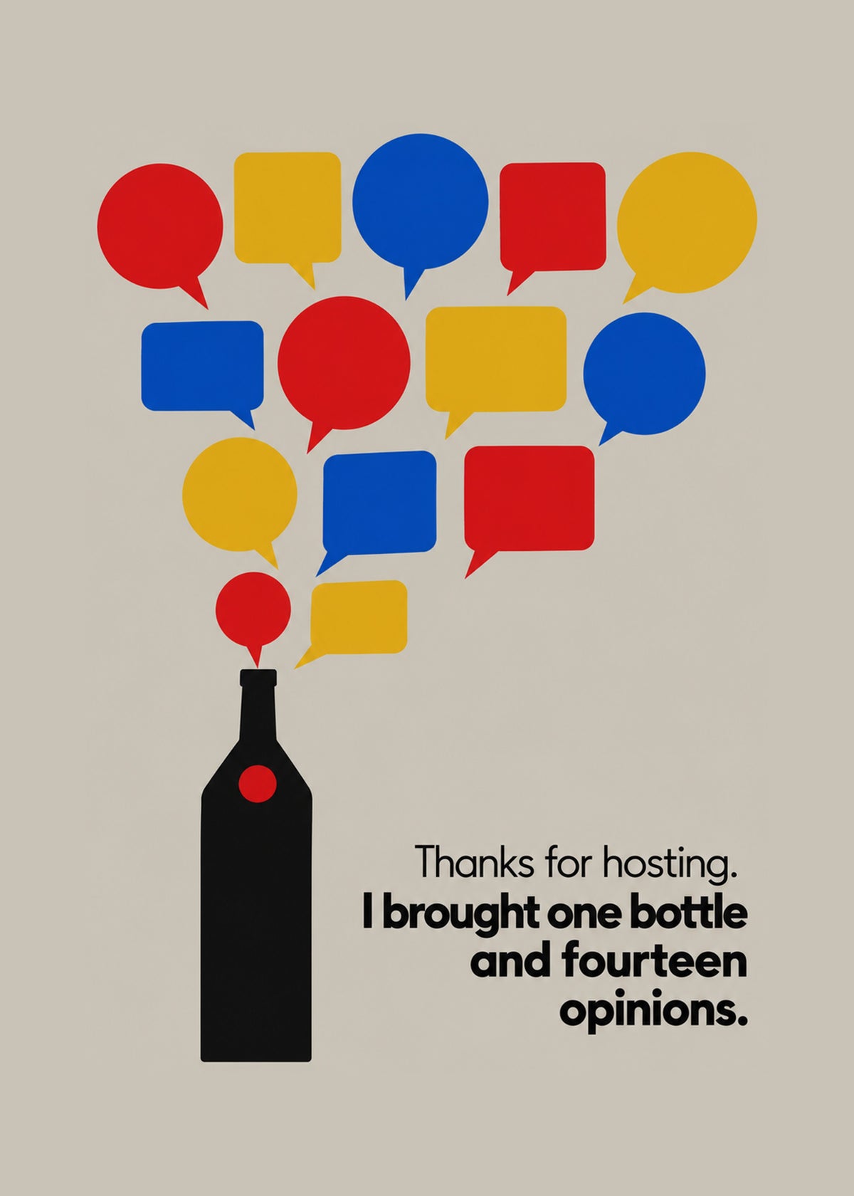 Funny thank you card showing a minimal black wine bottle releasing a cloud of red, blue and yellow speech bubbles, by Gigglz