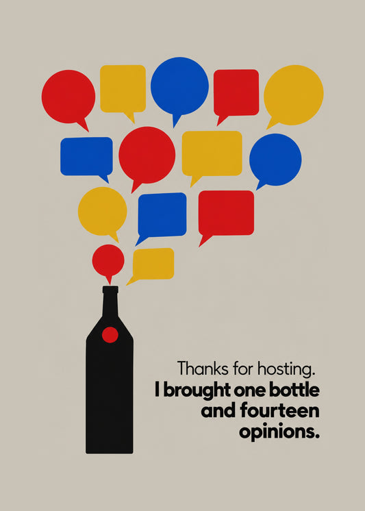 Funny thank you card showing a minimal black wine bottle releasing a cloud of red, blue and yellow speech bubbles, by Gigglz