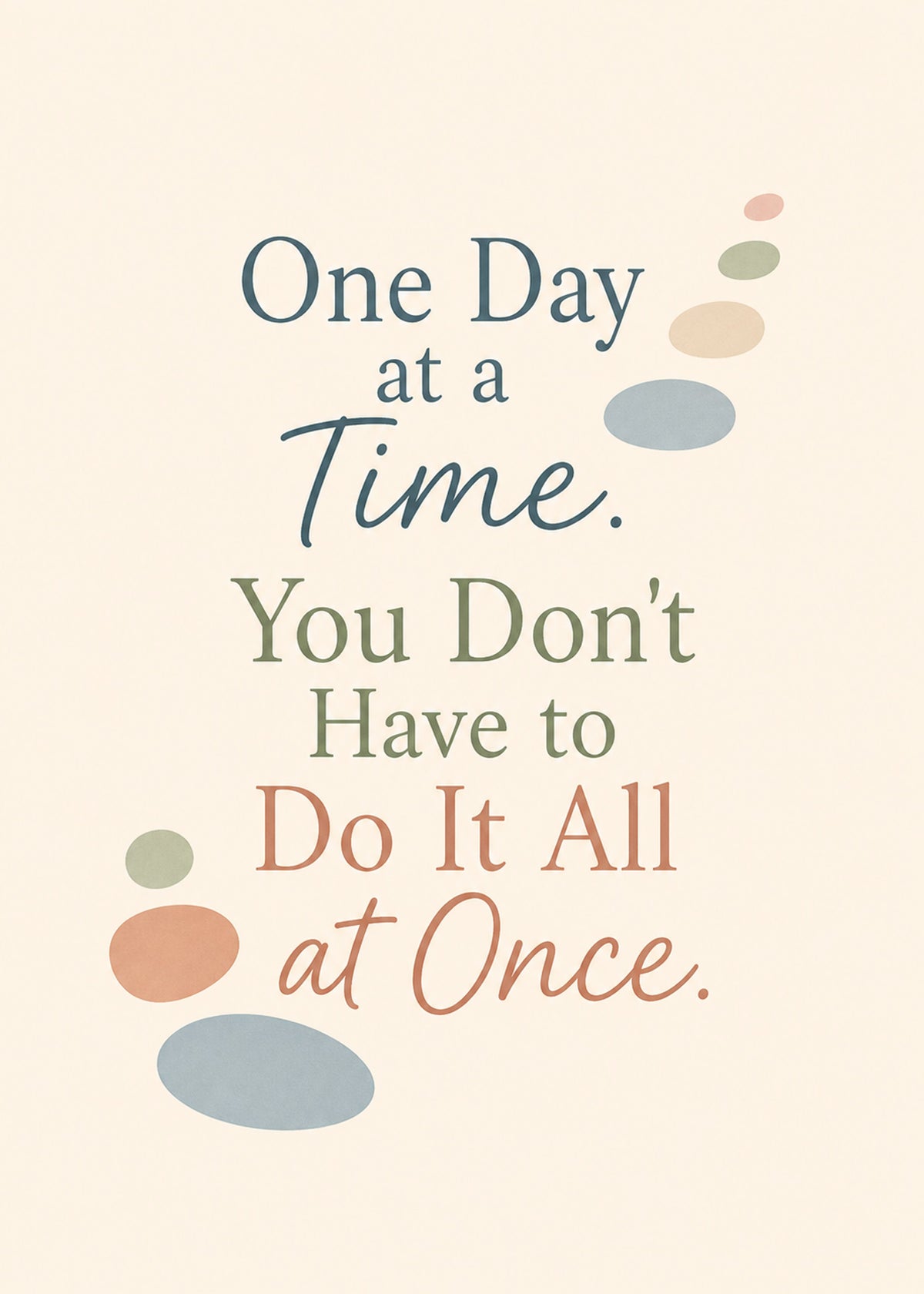 Heartfelt thinking of you card showing stepping stones on a soft cream ground, with One Day at a Time text, by Gigglz