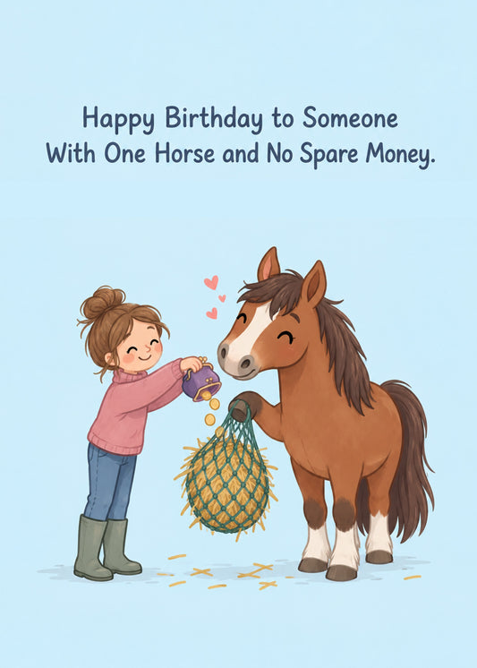 Funny birthday card showing a smiling girl in wellies emptying her purse into a hay net for an adoring bay horse, by Gigglz
