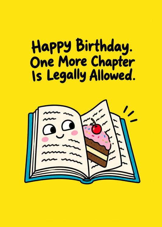 Funny birthday card showing a happy open book with a slice of birthday cake tucked inside its pages on a yellow, by Gigglz