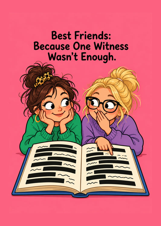 Funny friendship card showing two giggling best friends poring over a heavily redacted scrapbook on a hot pink, by Gigglz