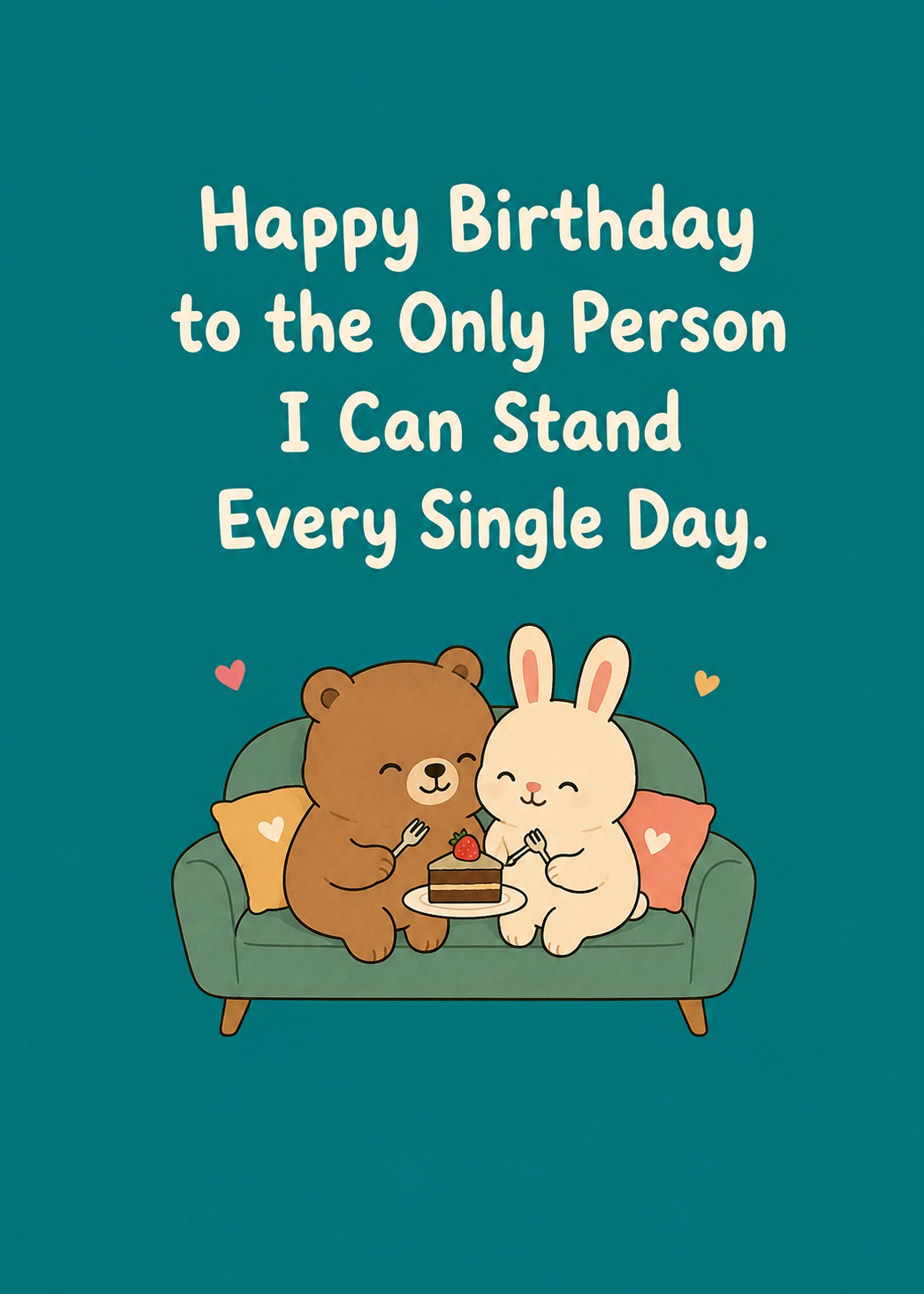 Funny birthday card showing affectionate sparse: two cosy characters sharing a small slice of cake on a sofa, by Gigglz