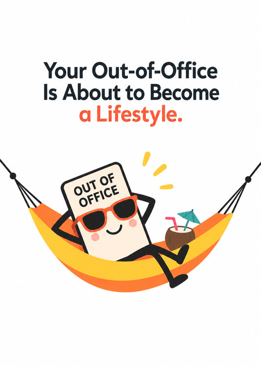 Funny retirement card showing a cartoon out-of-office sign in sunglasses lounging in a hammock with a coconut, by Gigglz