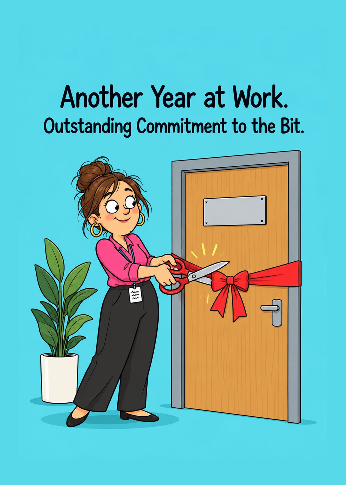 Funny leaving card showing a colleague ceremonially cutting a red ribbon tied across an ordinary office door, by Gigglz