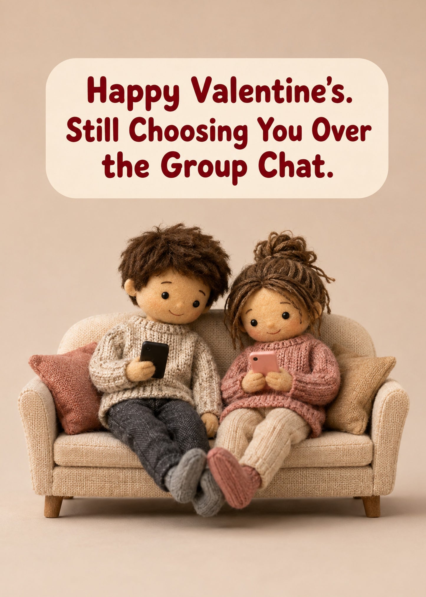 Funny Valentine's card showing two knitted-doll figures cuddled on a tiny sofa, each on their phone, by Gigglz