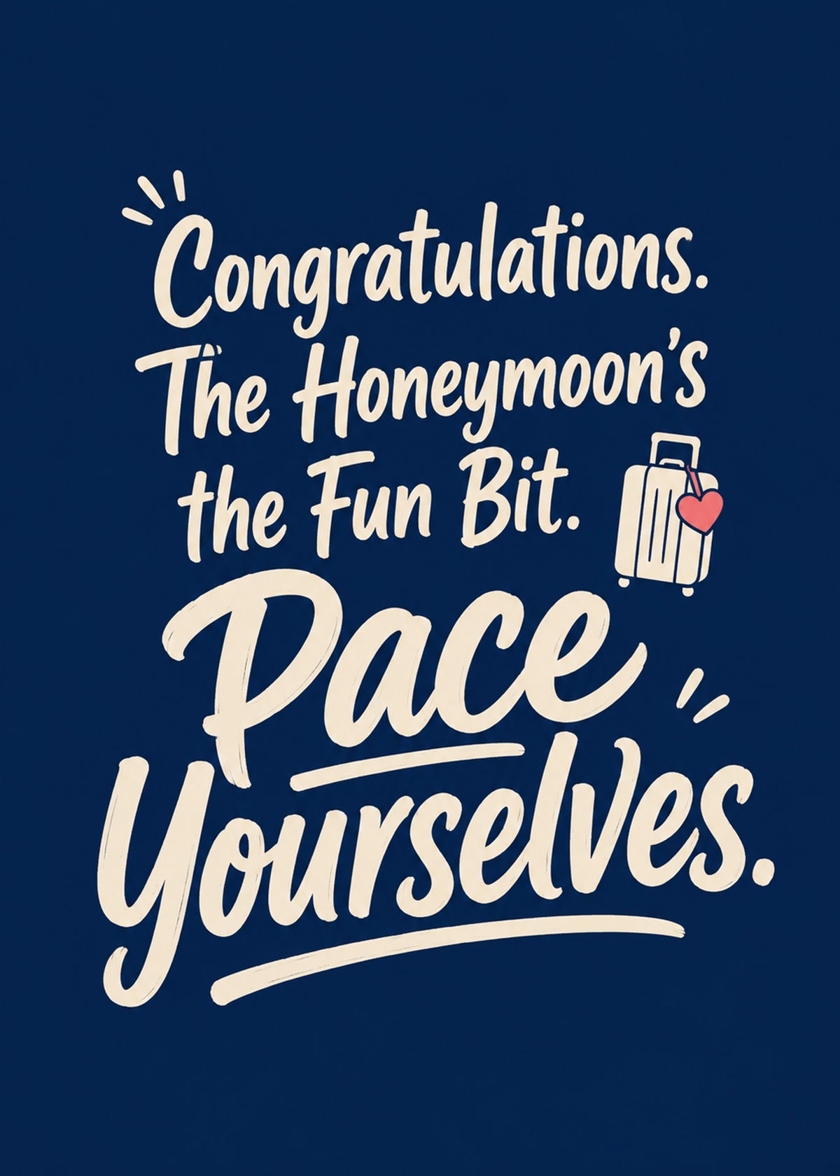 Funny wedding card showing brush type with a little wheeled suitcase and heart, by Gigglz