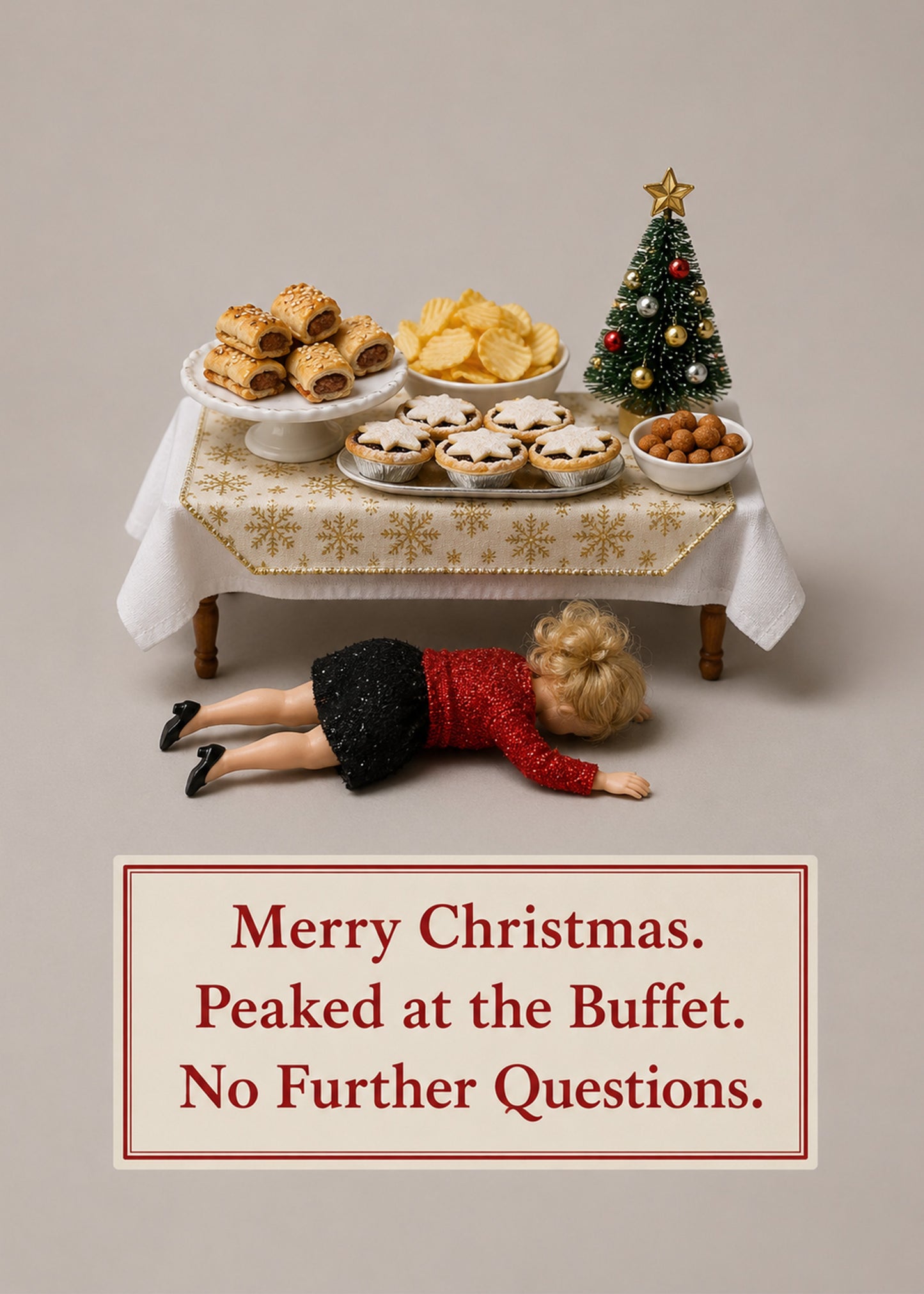 Funny Christmas card with Peaked at the Buffet text, by Gigglz