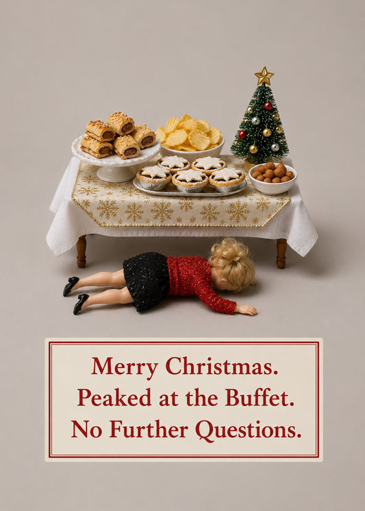 Funny Christmas card with Peaked at the Buffet text, by Gigglz