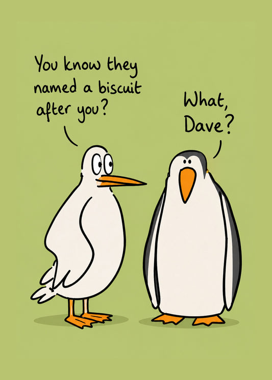 Funny everyday card showing a cartoon seagull and penguin mid-conversation, by Gigglz