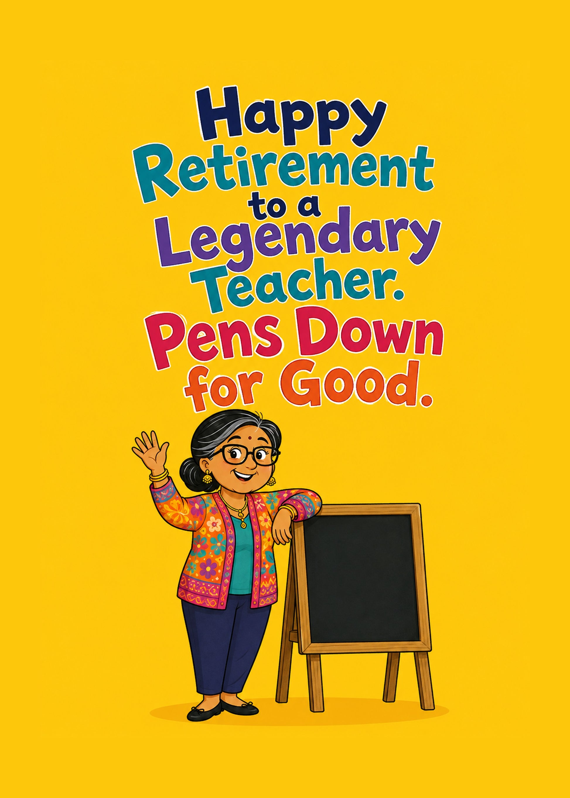 Funny retirement or leaving card showing a cheerful teacher waving beside a chalkboard, by Gigglz