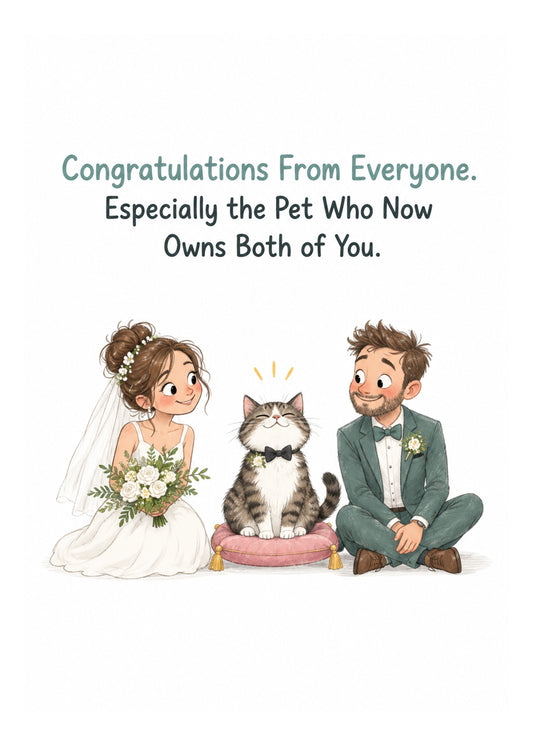 Funny wedding card showing a bride and groom sitting either side of a smug tabby cat in a bow tie on a pink, by Gigglz