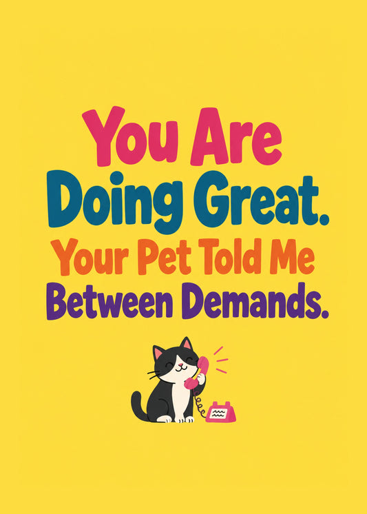 Funny everyday card showing bold pink, teal and purple lettering above a tuxedo cat chatting on a pink telephone, by Gigglz