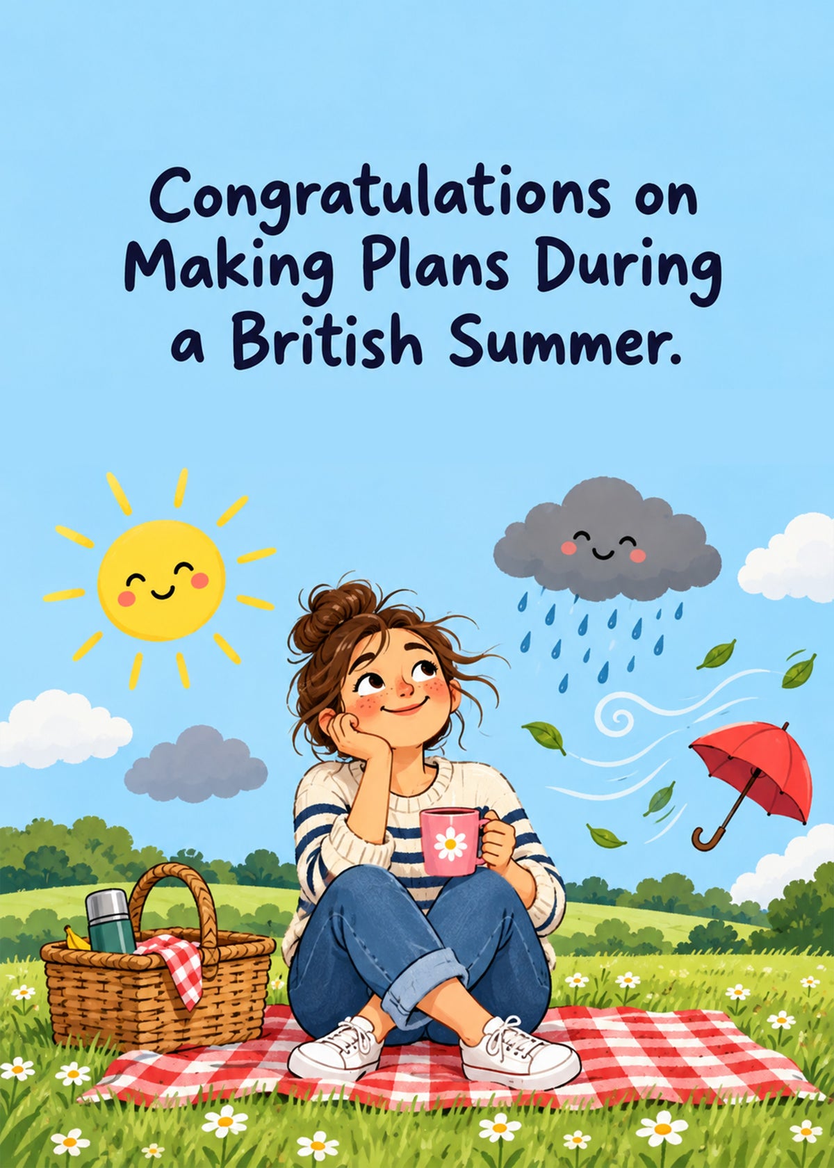 Funny everyday card showing a woman on a picnic blanket with a mug, caught between a smiling sun and a smiling, by Gigglz