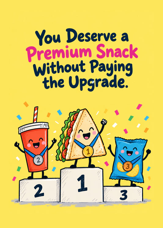 Funny everyday card showing a cartoon drink, sandwich and crisps standing on a winners' podium wearing medals, by Gigglz