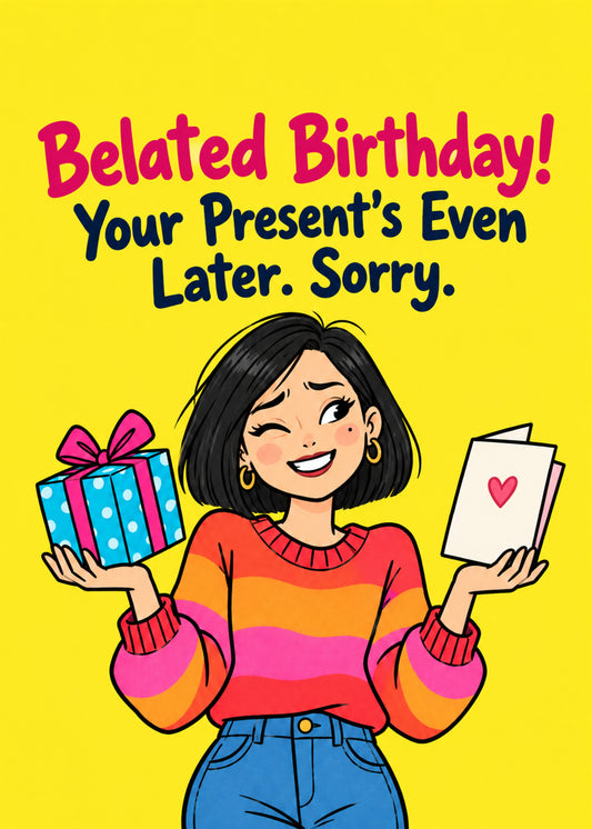 Funny birthday card showing a sheepish woman holding a gift and a card, with Your Present's Even Later text, by Gigglz