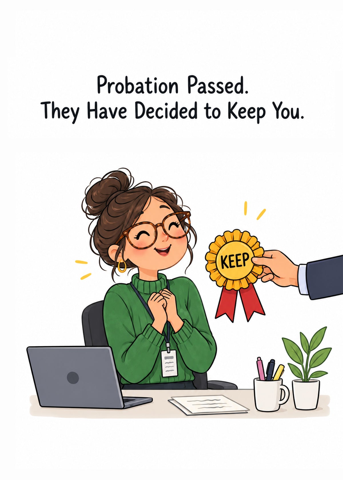 Funny congratulations card showing a delighted employee at her desk being handed a rosette marked 'keep', by Gigglz