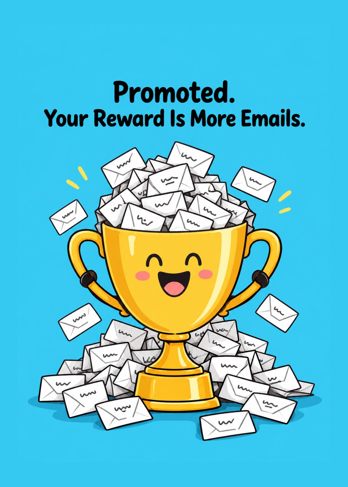 Funny congratulations card showing a grinning gold trophy overflowing with envelopes on a bright blue ground, by Gigglz