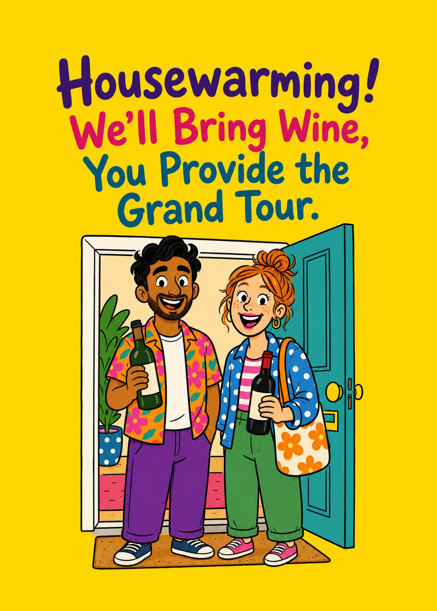 Funny new home card showing two friends at a front door carrying wine bottles, by Gigglz
