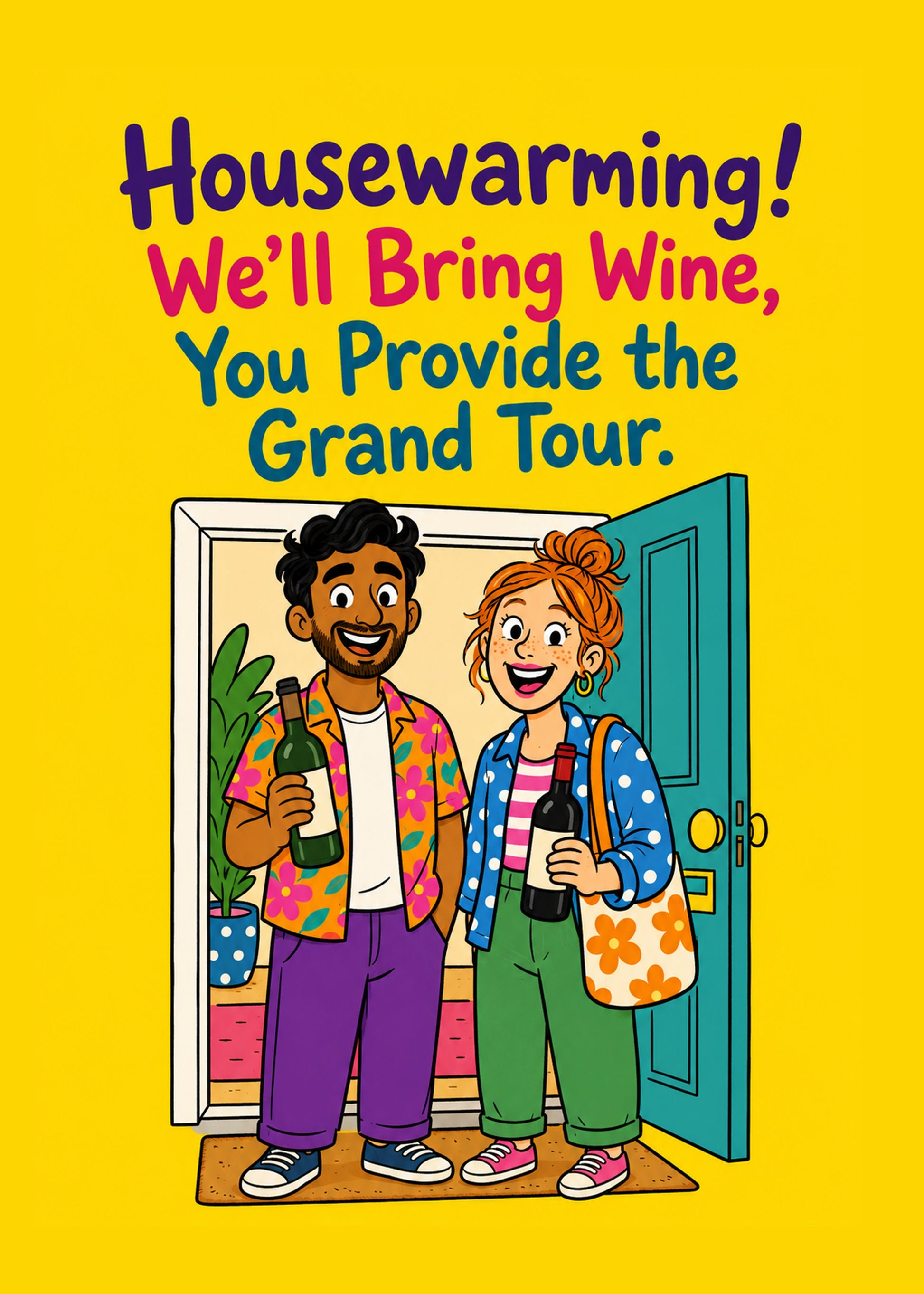 Funny new home card showing two friends at a front door carrying wine bottles, by Gigglz