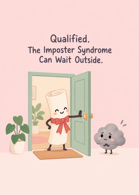 Funny congratulations card showing a cheerful rolled certificate closing the door on a gloomy little grey cloud, by Gigglz