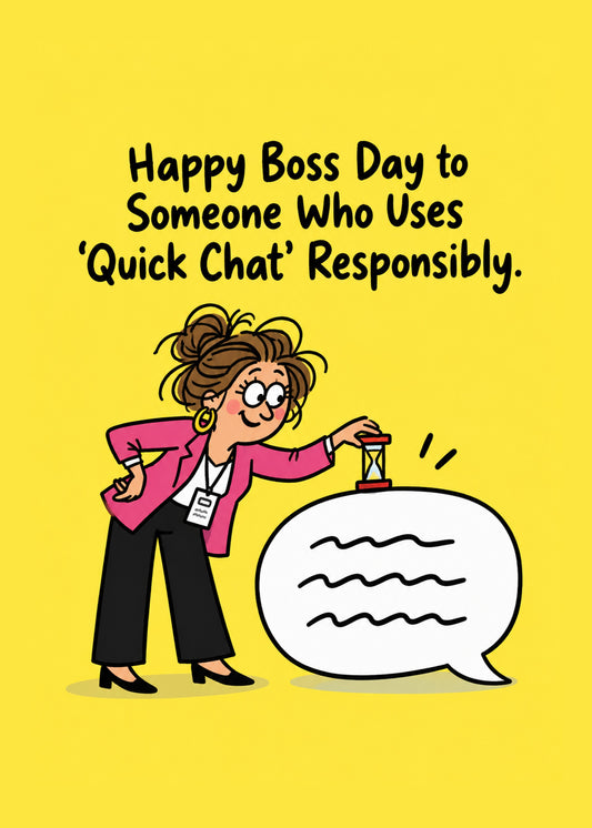 Funny thank you card showing a smiling manager in a pink blazer timing a speech bubble with an egg timer, by Gigglz