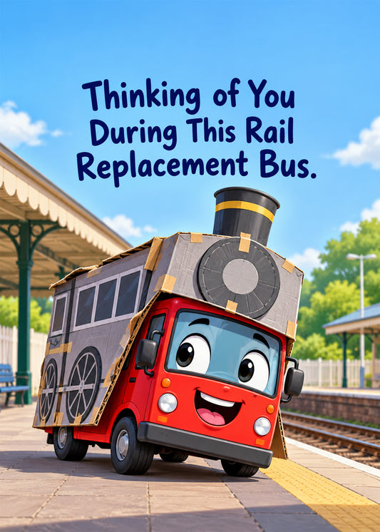 Funny everyday card showing a cheerful red bus in a cardboard steam-train disguise waiting at a station platform, by Gigglz