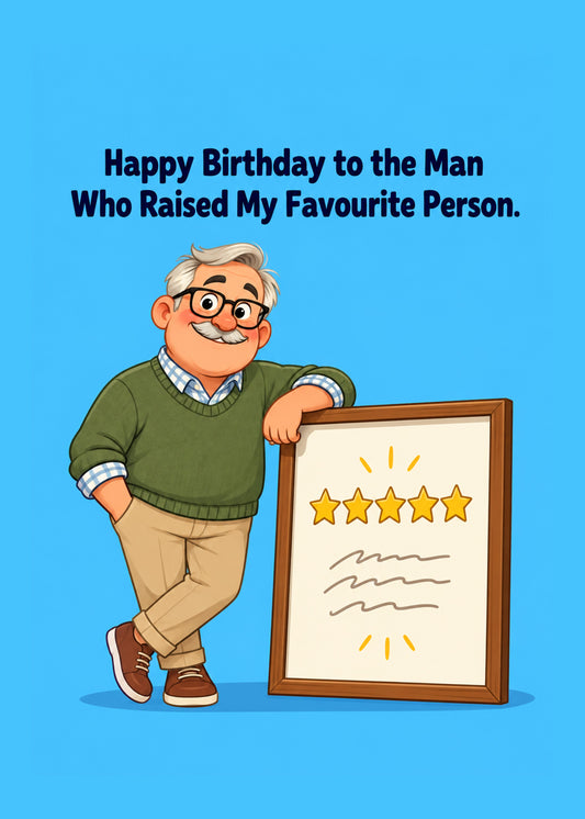 Funny birthday card showing a proud father-in-law in a green jumper leaning on a large framed five-star review, by Gigglz