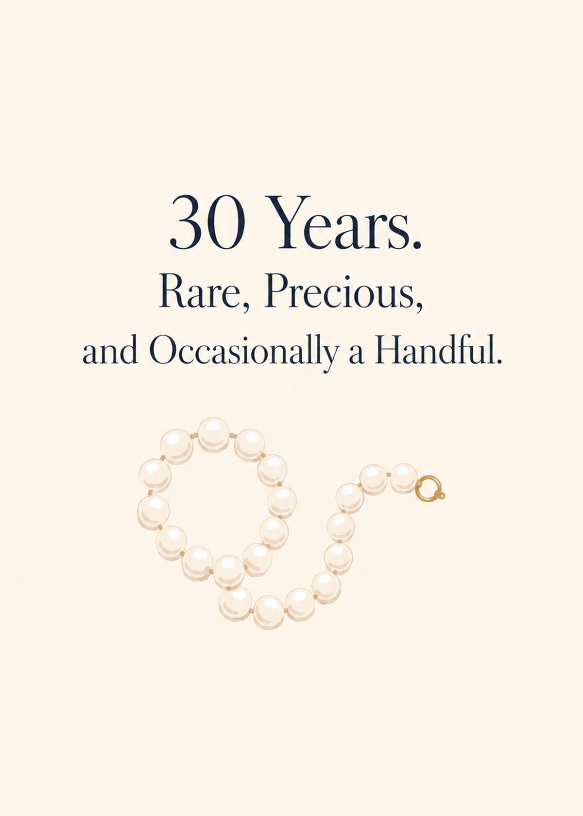 Heartfelt anniversary card showing a string of pearls on cream, with Rare text, by Gigglz