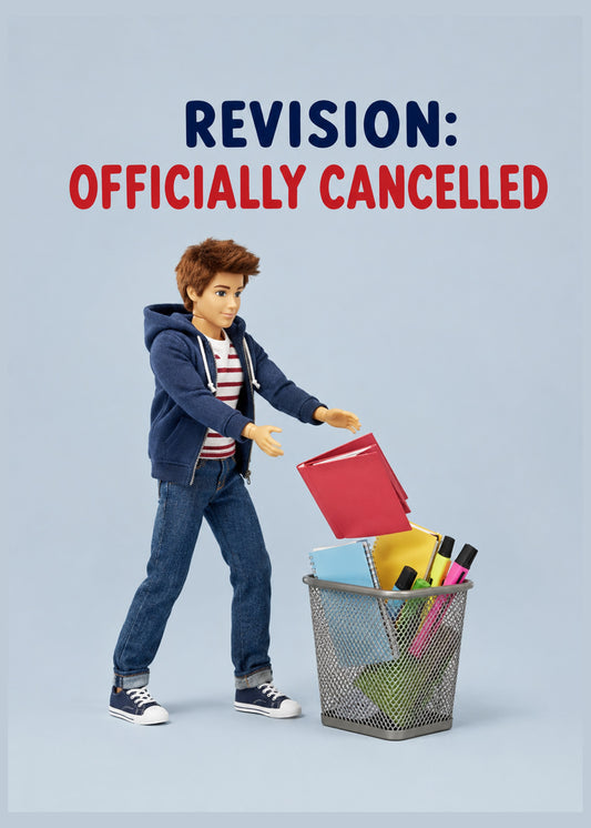Funny congratulations card showing a posed figure cheerfully dumping revision folders and highlighters into a bin, by Gigglz